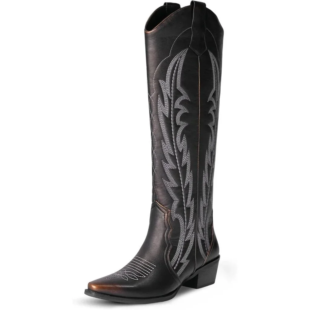 Women Golden Faux Leather Knee High Cowgirl Boots with Pointed Toe Block Heel
